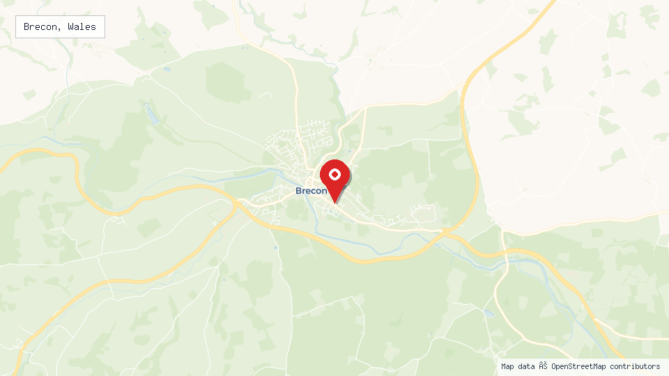 Street map of Brecon, Wales with location pin