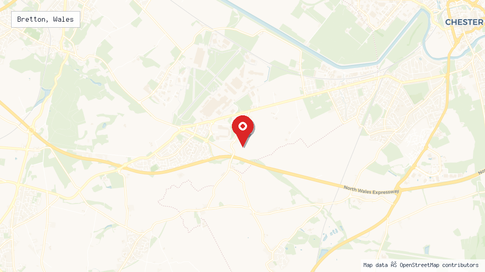 Street map of Bretton, Wales with location pin