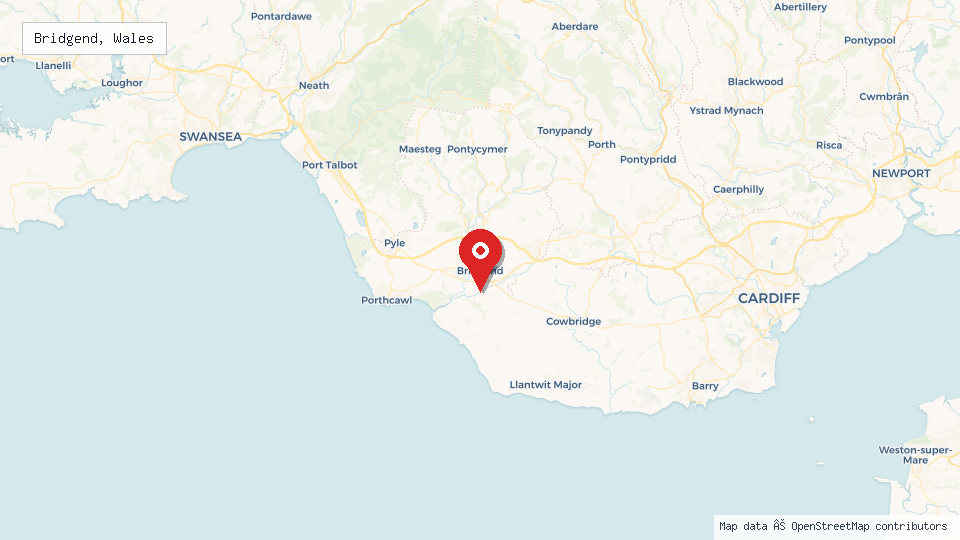 Street map of Bridgend, Wales with location pin