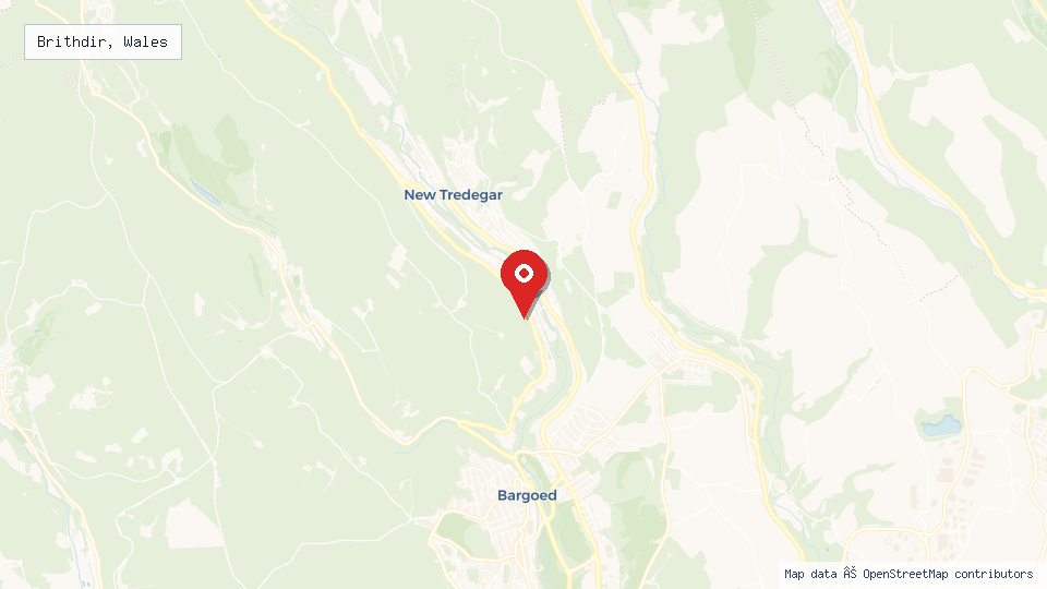 Street map of Brithdir, Wales with location pin