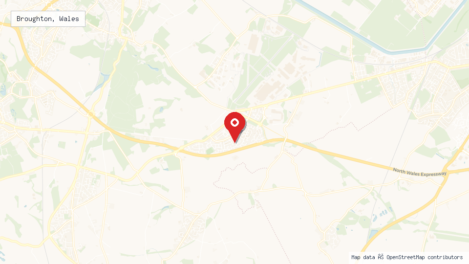 Street map of Broughton, Wales with location pin