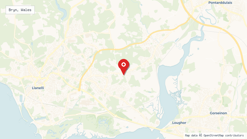 Street map of Bryn, Wales with location pin