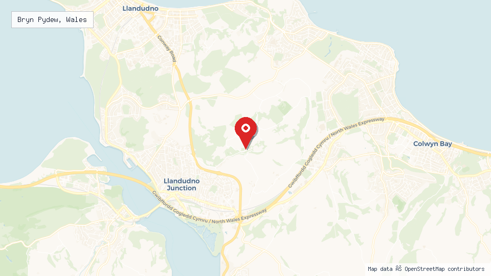 Street map of Bryn Pydew, Wales with location pin