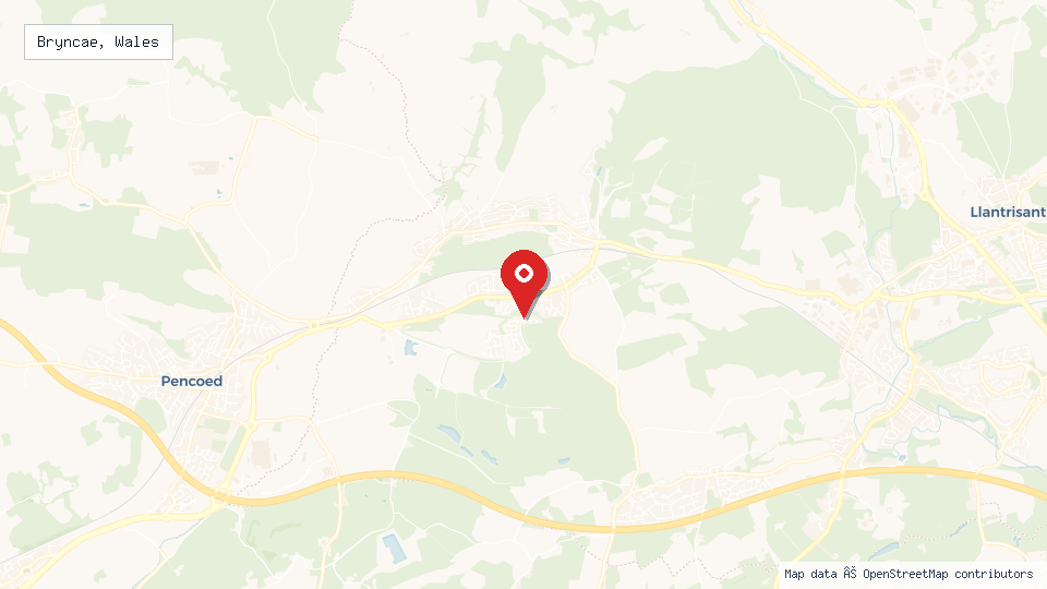 Street map of Bryncae, Wales with location pin