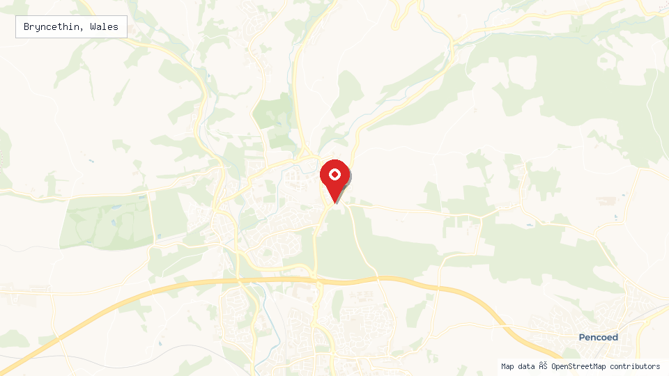 Street map of Bryncethin, Wales with location pin