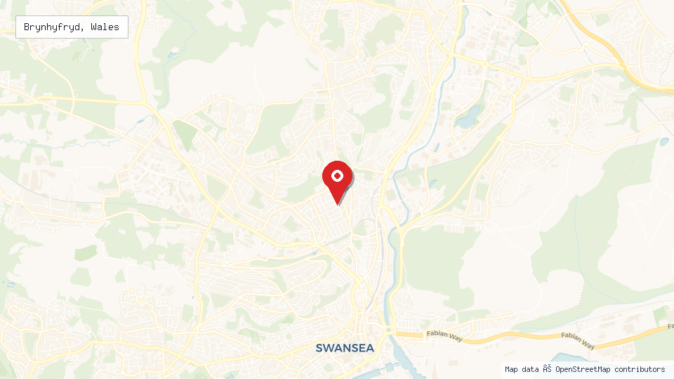 Street map of Brynhyfryd, Wales with location pin