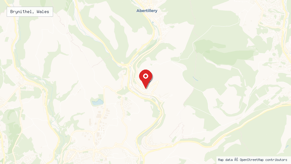 Street map of Brynithel, Wales with location pin