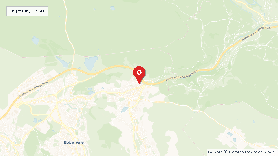 Street map of Brynmawr, Wales with location pin