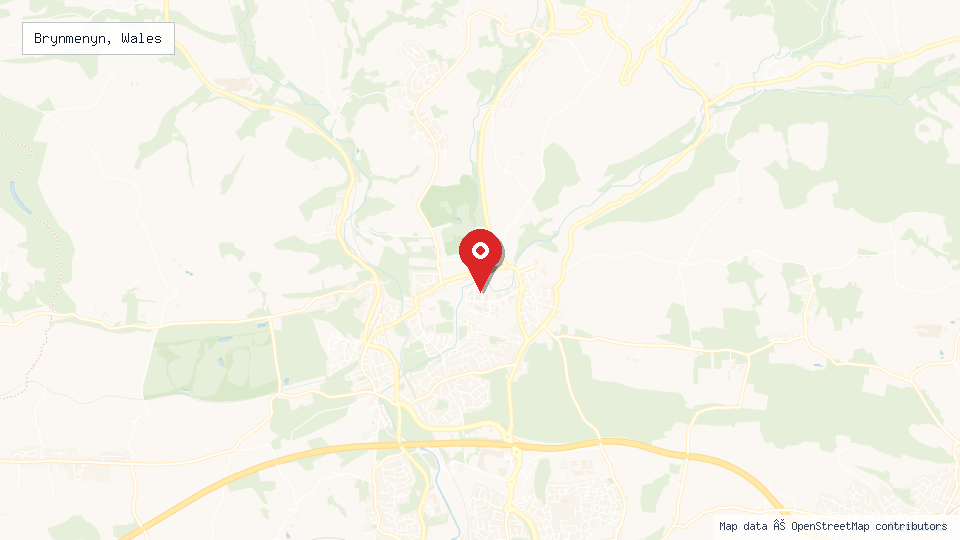 Street map of Brynmenyn, Wales with location pin
