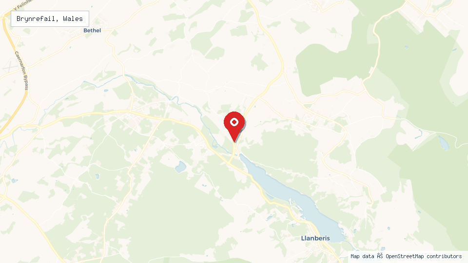 Street map of Brynrefail, Wales with location pin