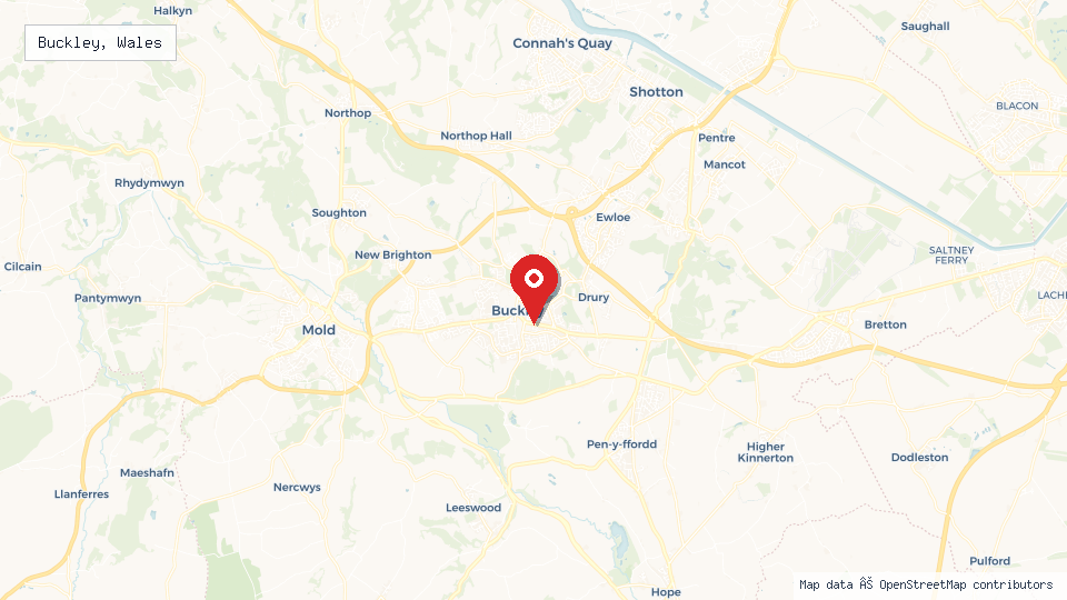 Street map of Buckley, Wales with location pin