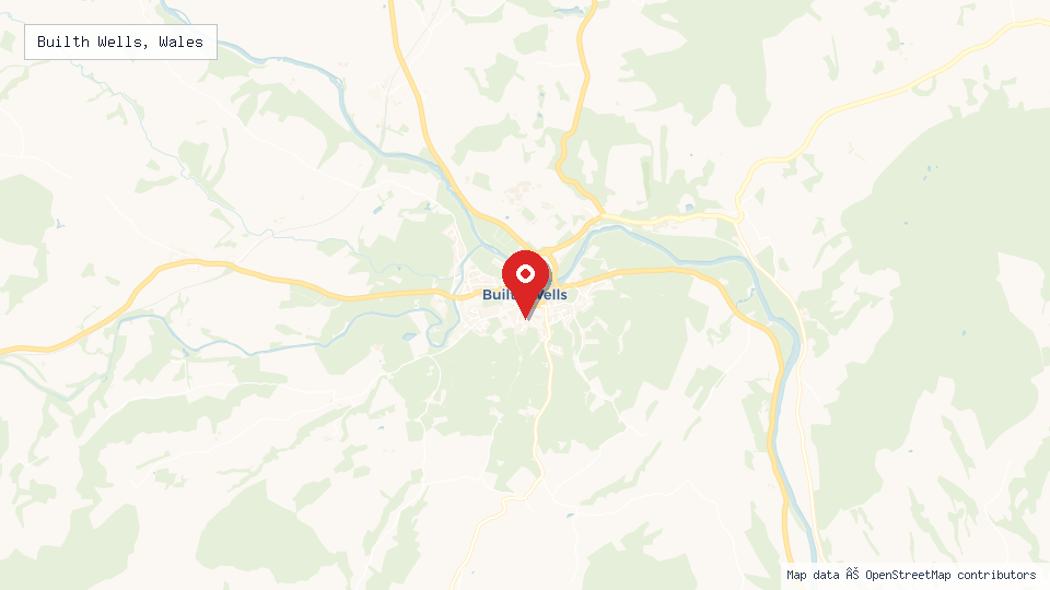 Street map of Builth Wells, Wales with location pin
