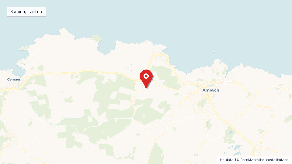 Street map of Burwen, Wales with location pin