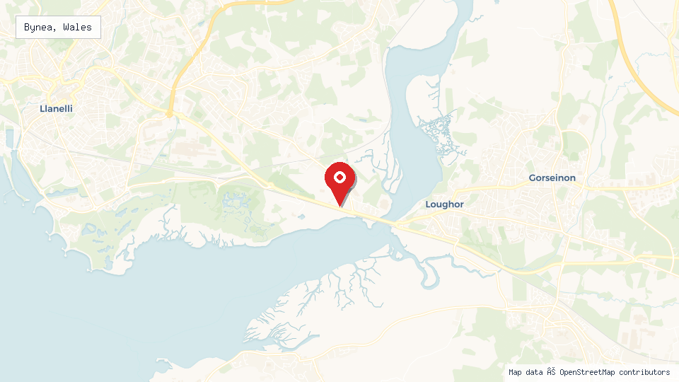 Street map of Bynea, Wales with location pin