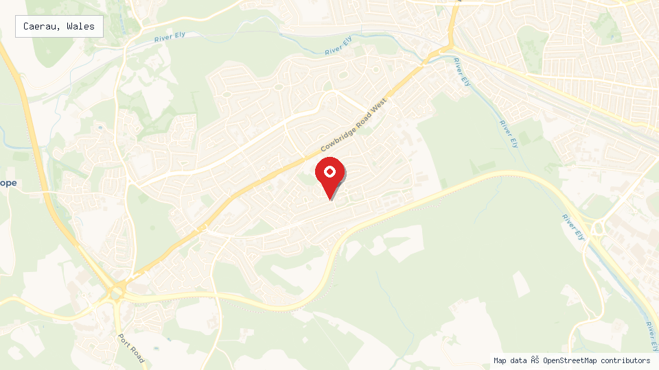 Street map of Caerau, Wales with location pin