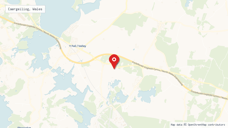 Street map of Caergeiliog, Wales with location pin