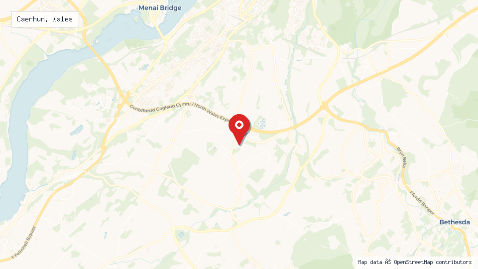 Street map of Caerhun, Wales with location pin