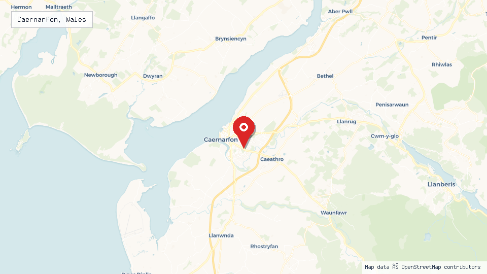 Street map of Caernarfon, Wales with location pin