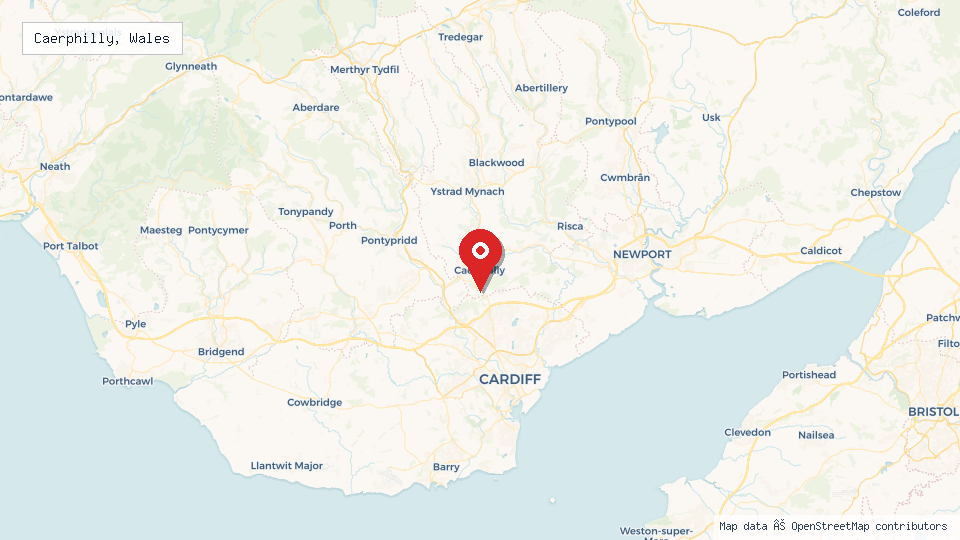 Street map of Caerphilly, Wales with location pin