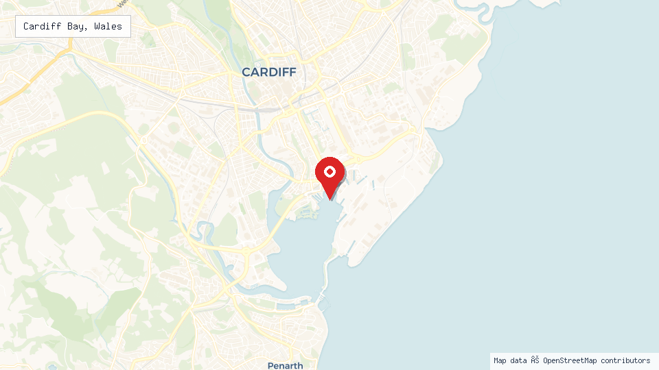 Street map of Cardiff Bay, Wales with location pin