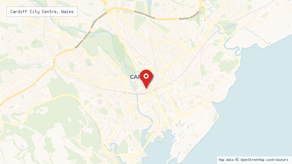 Street map of Cardiff City Centre, Wales with location pin