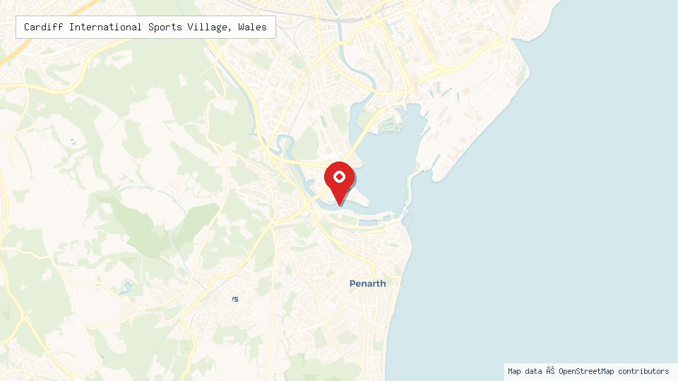 Street map of Cardiff International Sports Village, Wales with location pin