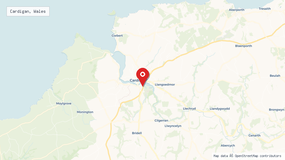 Street map of Cardigan, Wales with location pin