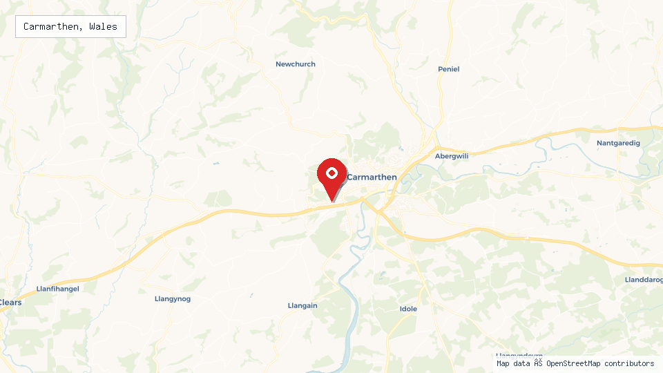 Street map of Carmarthen, Wales with location pin
