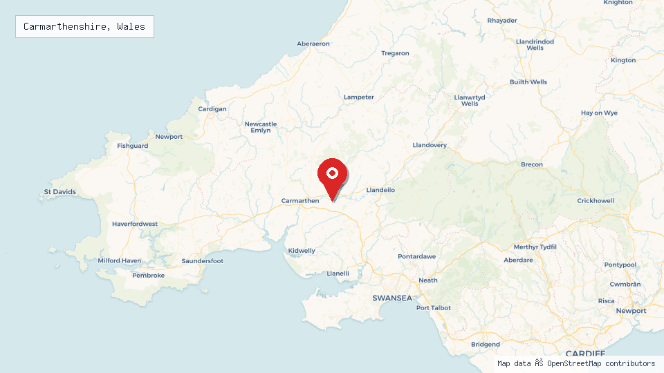 Street map of Carmarthenshire, Wales with location pin