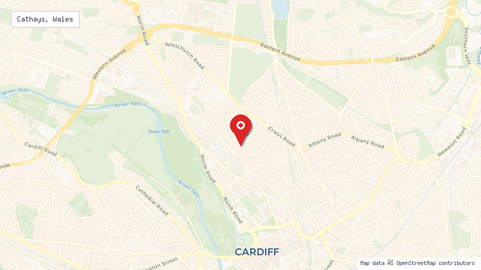 Street map of Cathays, Wales with location pin