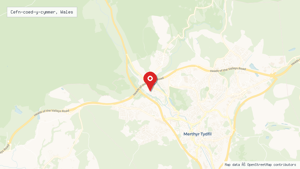 Street map of Cefn-coed-y-cymmer, Wales with location pin