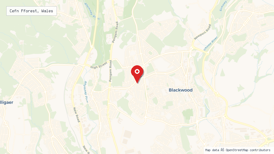 Street map of Cefn Fforest, Wales with location pin