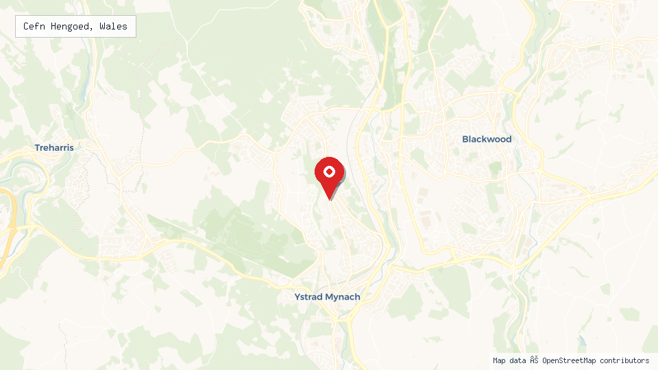 Street map of Cefn Hengoed, Wales with location pin