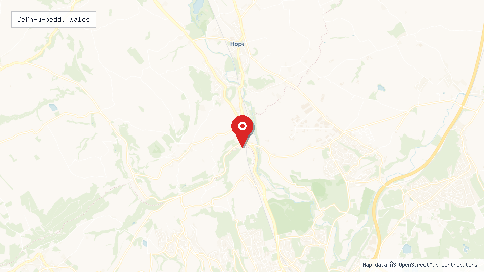 Street map of Cefn-y-bedd, Wales with location pin