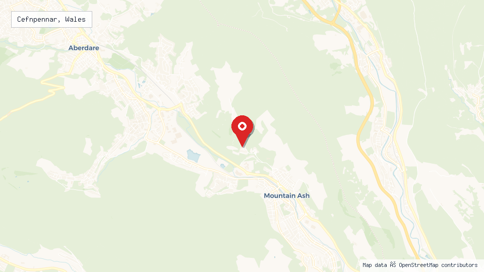 Street map of Cefnpennar, Wales with location pin