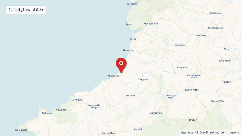 Street map of Ceredigion, Wales with location pin