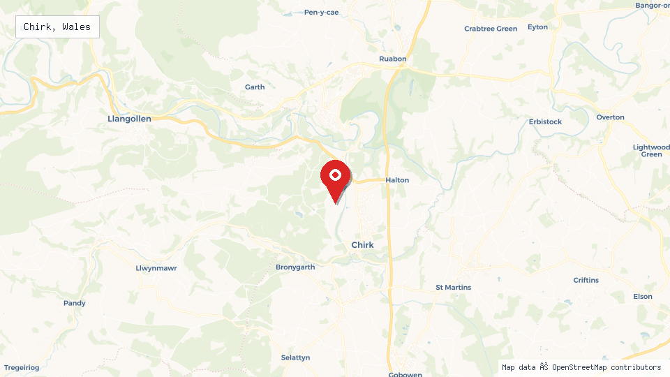 Street map of Chirk, Wales with location pin