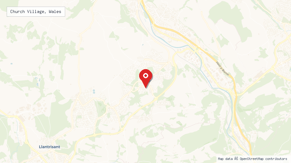 Street map of Church Village, Wales with location pin