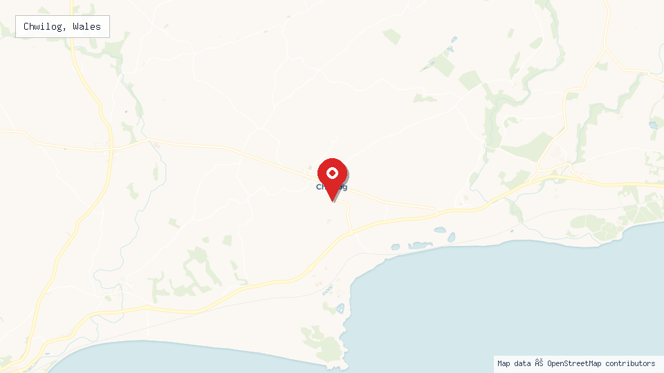 Street map of Chwilog, Wales with location pin