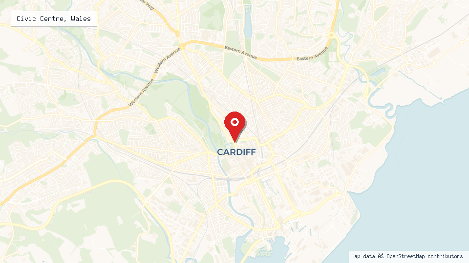 Street map of Civic Centre, Wales with location pin