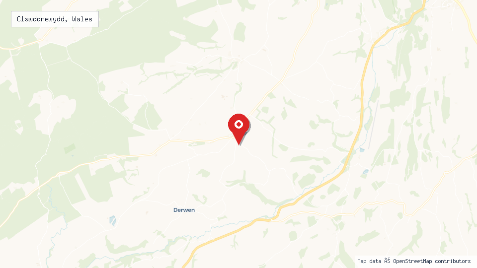 Street map of Clawddnewydd, Wales with location pin