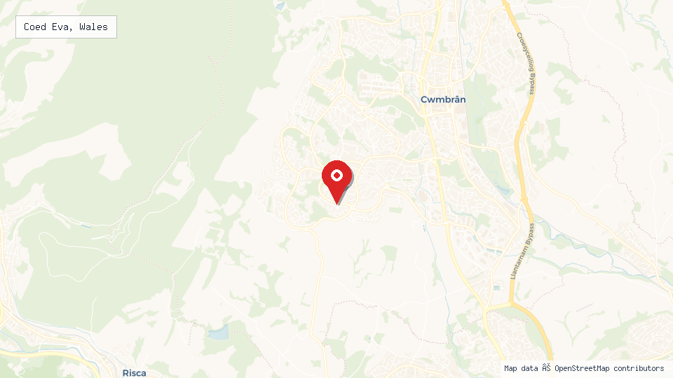 Street map of Coed Eva, Wales with location pin