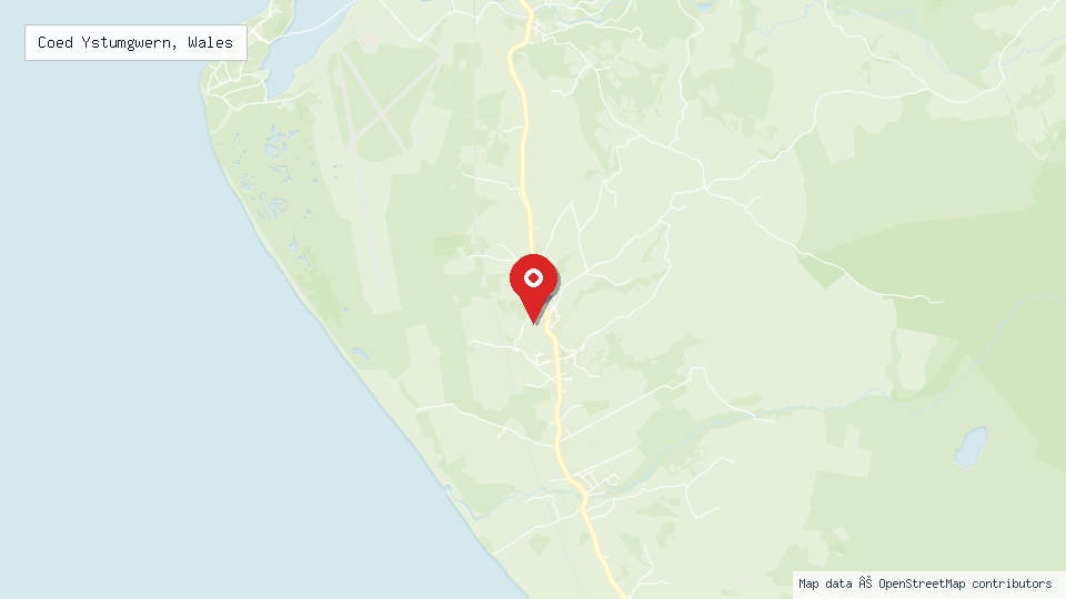 Street map of Coed Ystumgwern, Wales with location pin