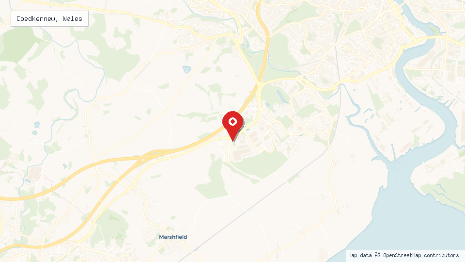 Street map of Coedkernew, Wales with location pin