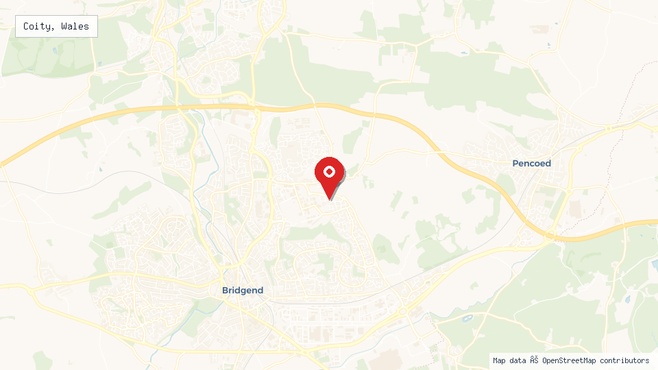 Street map of Coity, Wales with location pin
