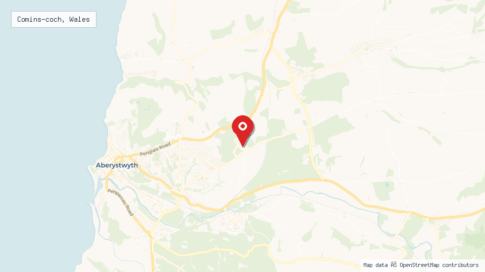 Street map of Comins-coch, Wales with location pin