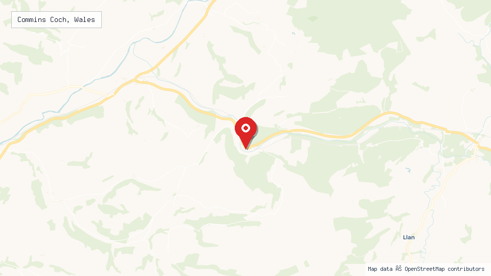 Street map of Commins Coch, Wales with location pin