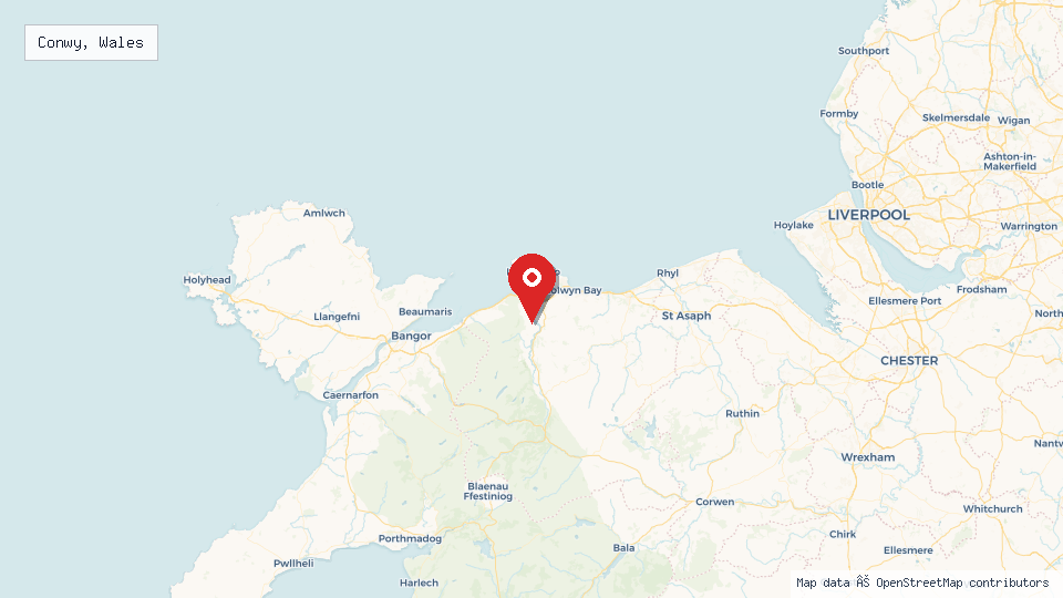 Street map of Conwy, Wales with location pin