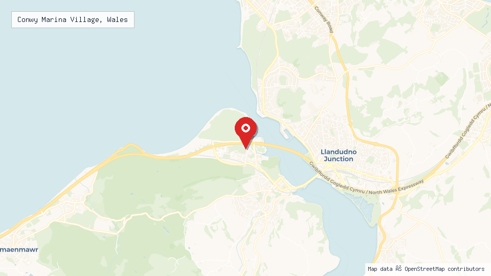 Street map of Conwy Marina Village, Wales with location pin