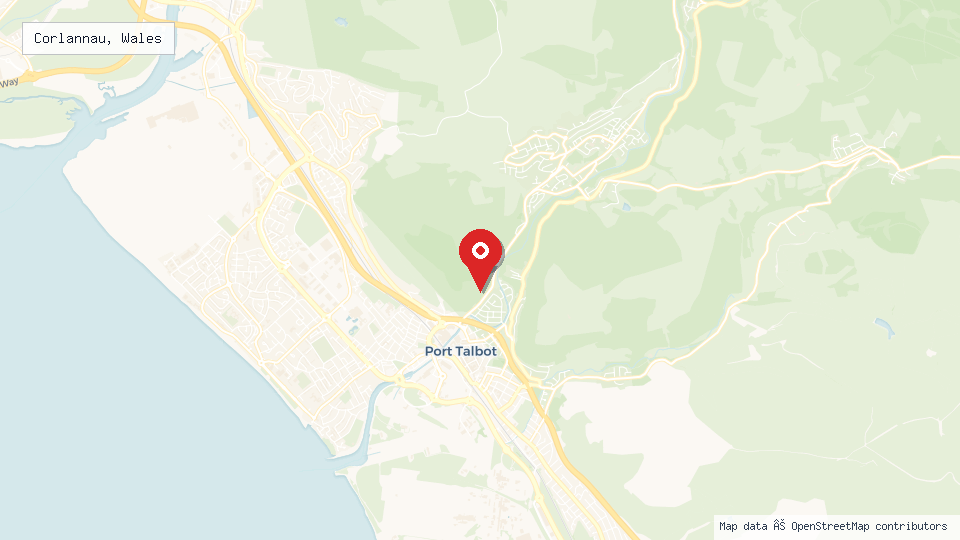 Street map of Corlannau, Wales with location pin